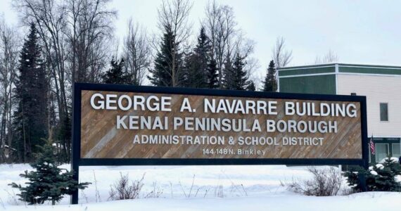 A sign welcomes employees and visitors at the Kenai Peninsula Borough administration building on Tuesday, March 17, 2020, in Soldotna, Alaska. (Photo by Victoria Petersen/Peninsula Clarion)