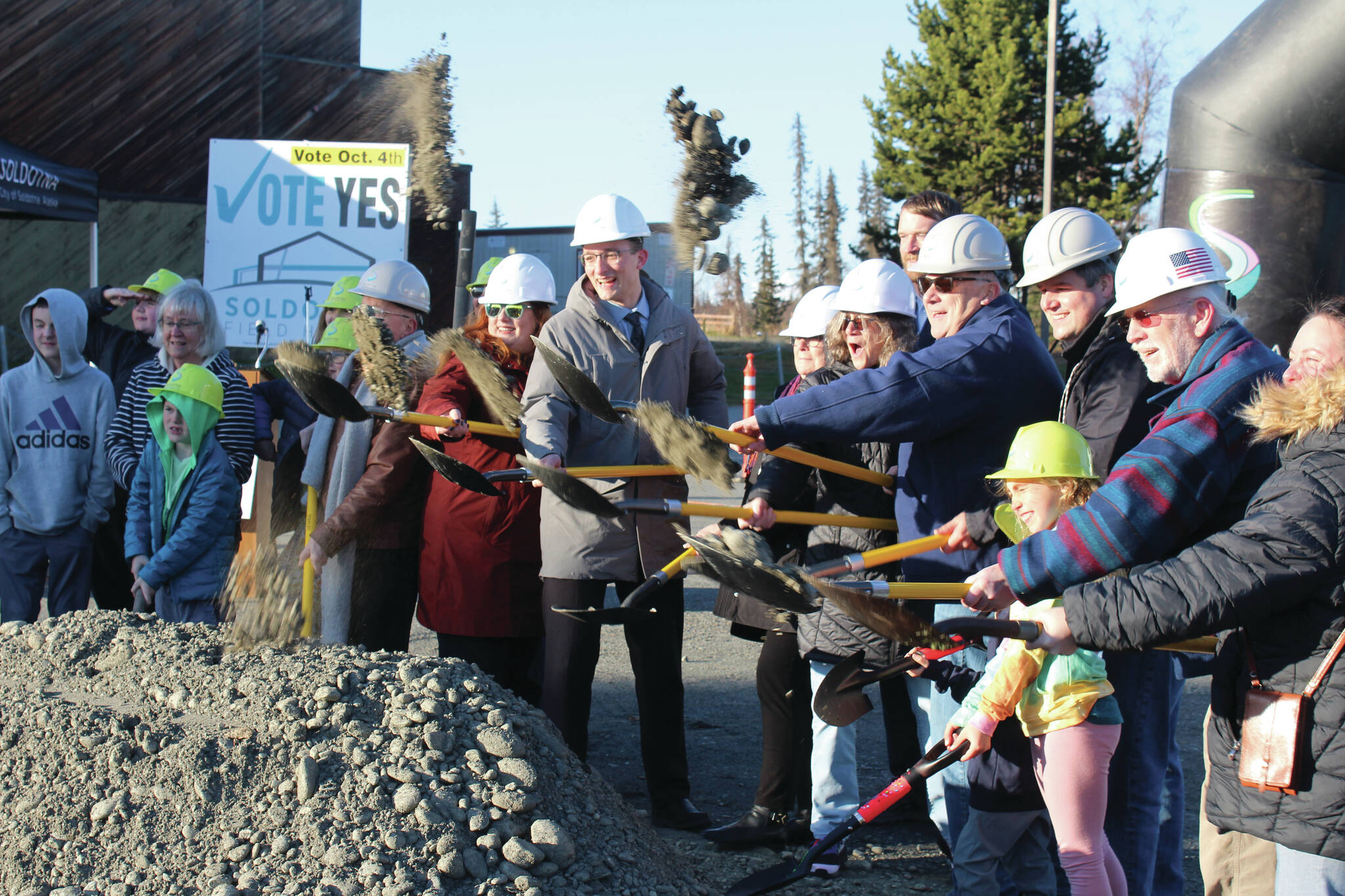 Ashlyn O’Hara/Peninsula Clarion
Soldotna city council members, staff and residents break ground on the Soldotna Field House project on Friday, Oct. 20, 2023, in Soldotna, Alaska.