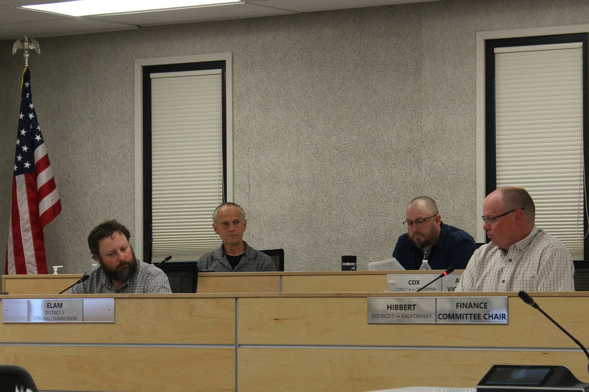 From left, Kenai Peninsula Borough Assembly members Bill Elam, Brent Johnson, Tyson Cox and Brent Hibbert attend an assembly meeting on Tuesday, Aug. 1, 2023 in Soldotna, Alaska. (Ashlyn O’Hara/Peninsula Clarion)