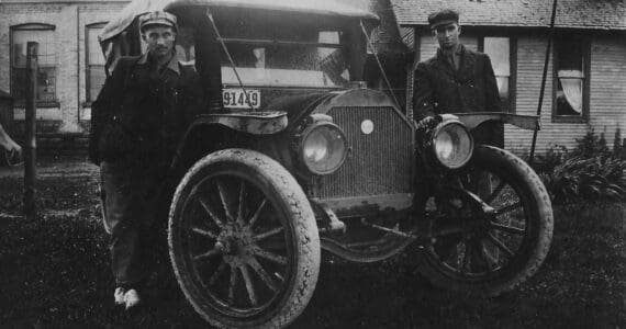 Photo courtesy of the Keeler Family Collection
Brothers James (left) and Lawrence Keeler with their Kissel car, circa 1910s. Both brothers enlisted in the U.S. Army to fight in World War I. James was killed in battle.