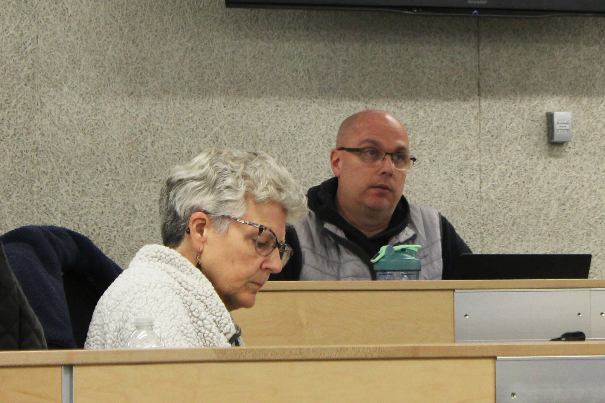 Kenai Peninsula Education Association President LaDawn Druce (left) and committee Chair Jason Tauriainen (right) participate in the first meeting of the Kenai Peninsula Borough School District’s Four Day School Week Ad Hoc Committee on Wednesday, Jan. 10, 2024 in Soldotna, Alaska. (Ashlyn O’Hara/Peninsula Clarion)