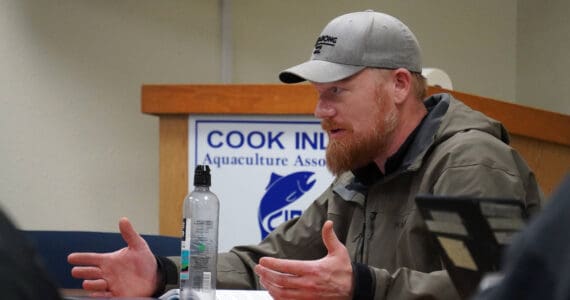 Todd Smith, who sits in a commercial fishing set net seat, discusses proposals during a meeting of the Kenai/Soldotna Fish and Game Advisory Committee at Cook Inlet Aquaculture Association in Kenai, Alaska, on Monday, Jan. 8, 2024. (Jake Dye/Peninsula Clarion)