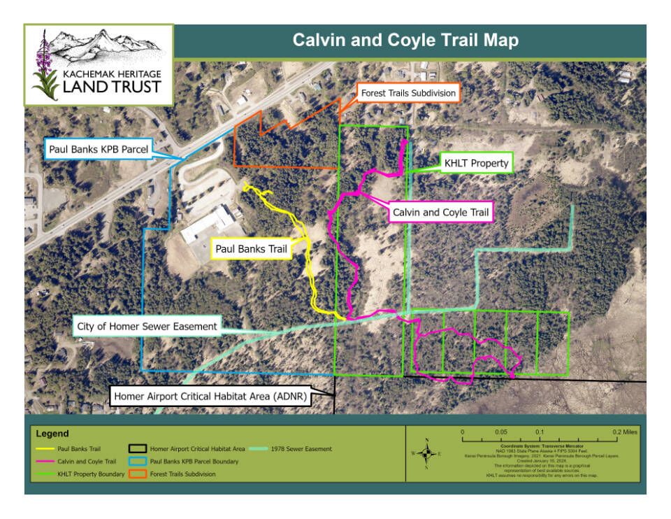 A map outlines the boundaries of the Calvin & Coyle Woodland Park and Nature Trail in relation to other parcels, trails and city easements in Homer, Alaska. Photo provided by Kachemak Heritage Land Trust