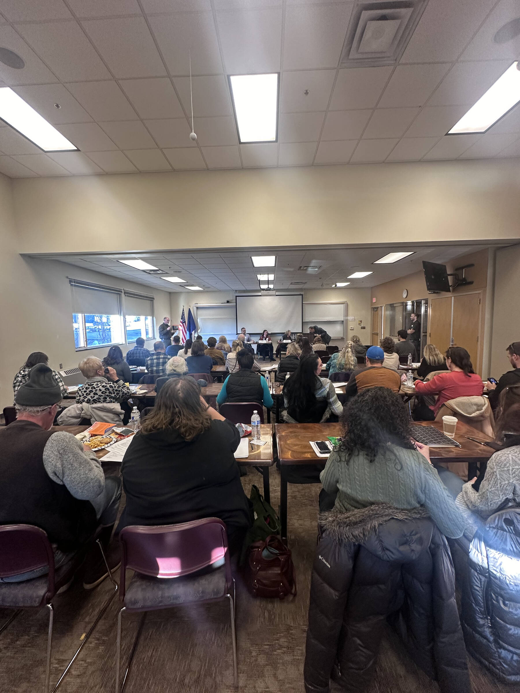 Fifty-two in-person community members attend the short term rentals panel organized by the Homer Chamber of Commerce on Wednesday, Jan. 17, 2024 at Kachemak Bay Campus in Homer, Alaska. Twelve also attended by Zoom. Photo provided by Mina Gherman