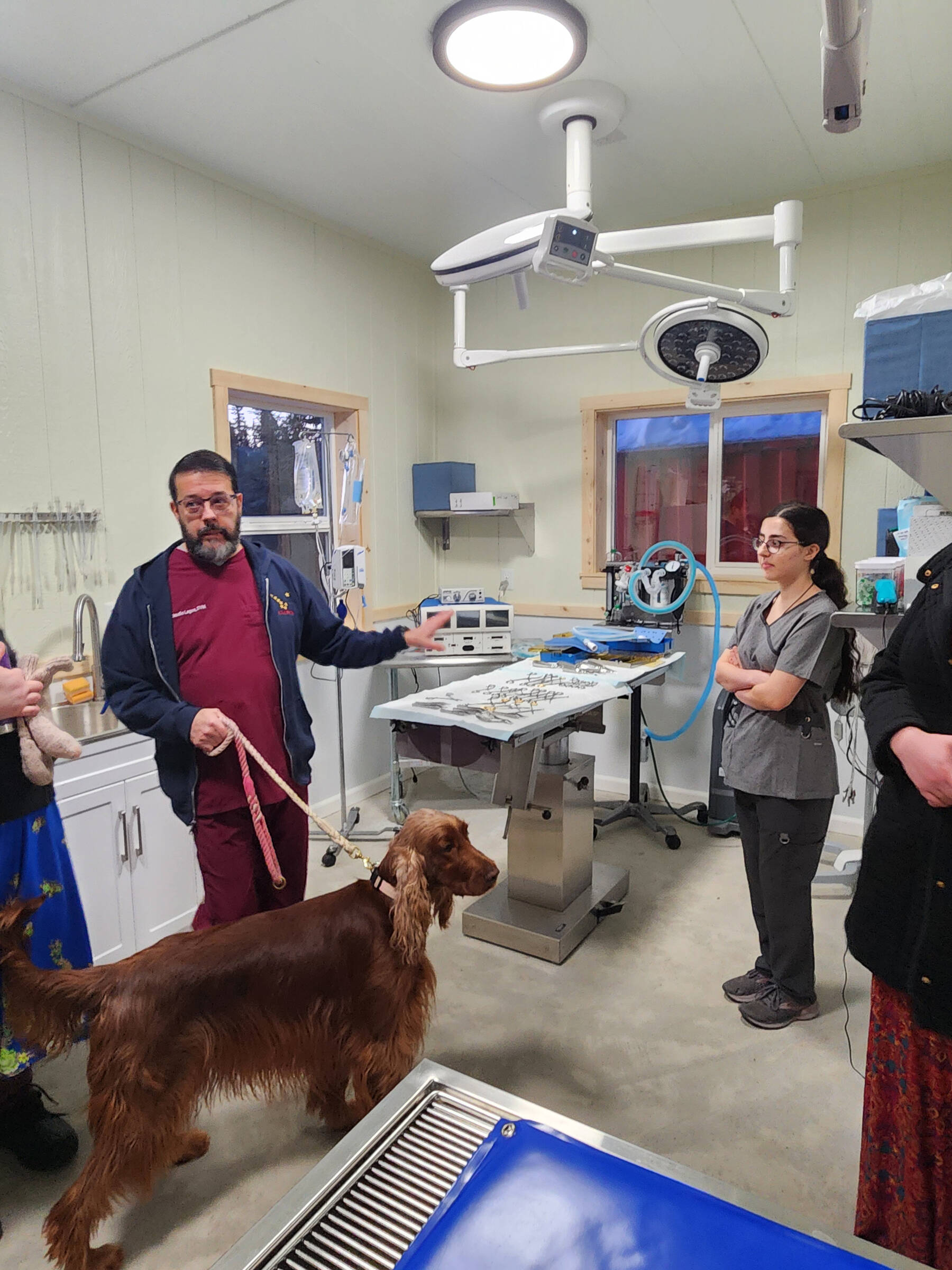Claudio Lagoa (left) gives a tour of the new surgery at Chugach Animal Clinic for attendees of the ribbon cutting ceremony on Thursday, Jan. 25, 2024 in Anchor Point, Alaska. Photo provided by Amanda Jerde