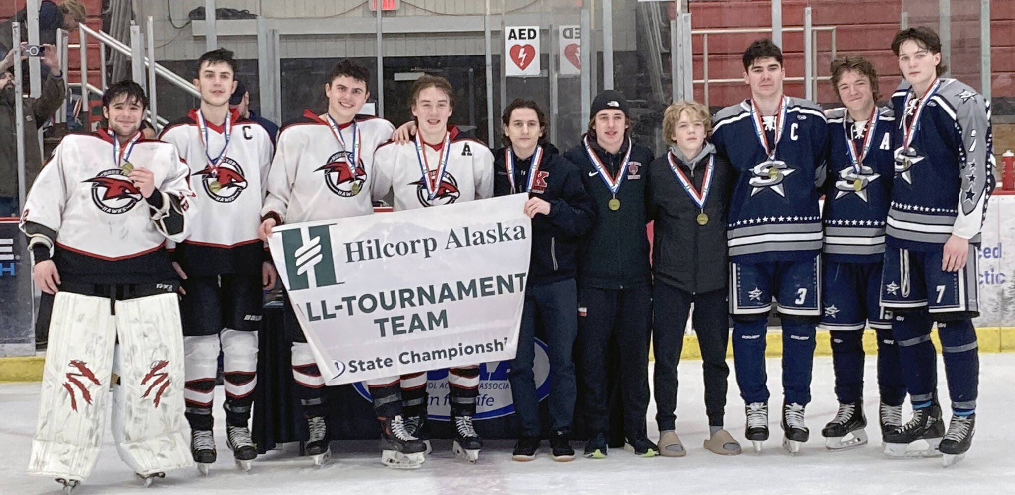 The all-tournament team at the Divisison II state hockey tournament Saturday, Feb. 3, 2024, at the Soldotna Regional Sports Complex in Soldotna, Alaska. (Photo by Jeff Helminiak/Peninsula Clarion)