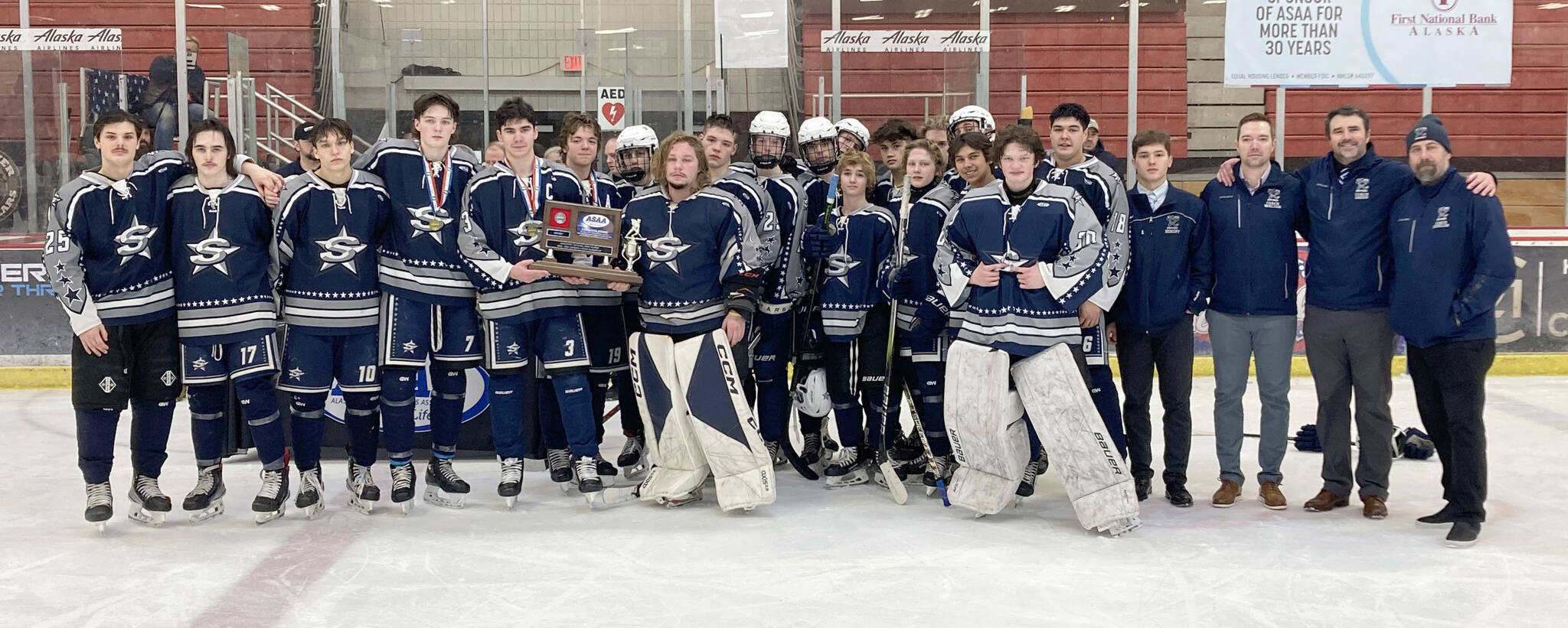 The Soldotna hockey team finished second at the Division II state hockey tournament Saturday, Feb. 3, 2024, at the Soldotna Regional Sports Complex in Soldotna, Alaska. (Photo by Jeff Helminiak/Peninsula Clarion)