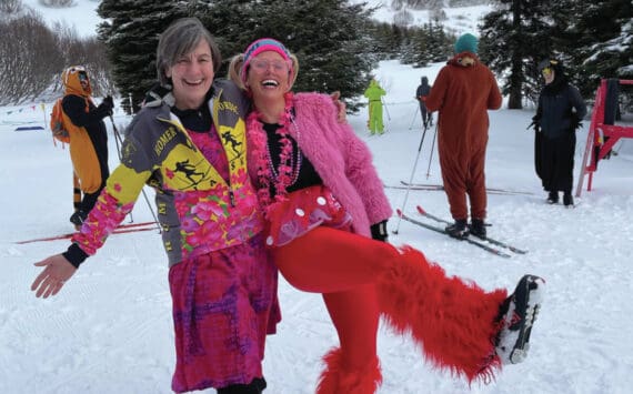 Kris Holderied, event coordinator, and Holly Atkins at the 2024 Ski for Women at Lookout Mountain ski trails on Feb. 11, 2024 in Homer. (Photo provided by Nicole Bray)