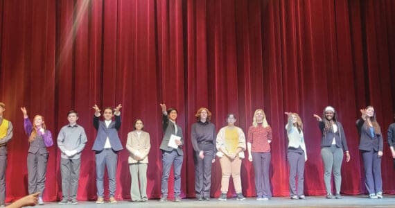 Members of Homer High Schools DDF team thank the audience after their performance on February 9, 2024 at the Mariner Theater in Homer, Alaska.  Photo provided by Marjorie Dunn.