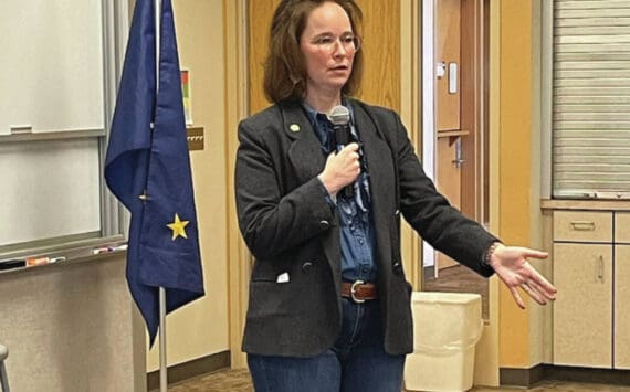 Representative Sarah Vance addresses Homer constituents about current legislative priorities, primarily SB 140, at a town hall meeting at Kachemak Bay Campus in Homer on Saturday, February 17, 2024. (Emilie Springer/Homer News}