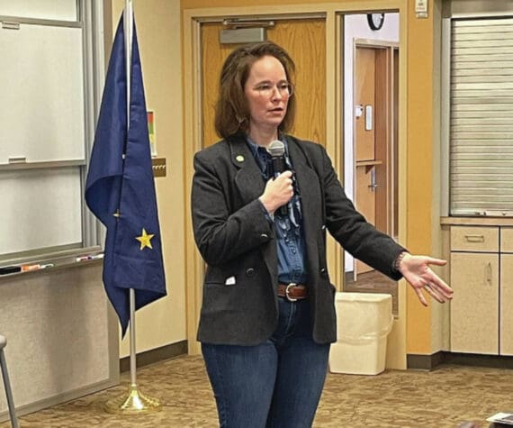 Representative Sarah Vance addresses Homer constituents about current legislative priorities, primarily SB 140, at a town hall meeting at Kachemak Bay Campus in Homer on Saturday, February 17, 2024. (Emilie Springer/Homer News}