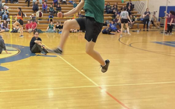 Photo by Emilie Springer/Homer News
Homer freshman Tristyn Larrick competes in the one foot high kick on Saturday, Feb. 17 during the Kachemak Bay Winter Games at Homer High School.
