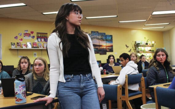 Ashlyn O’Hara/Peninsula Clarion
Caitlin Babcock addresses students during Luke Herman’s government class at Soldotna High School on Feb. 8 in Soldotna.