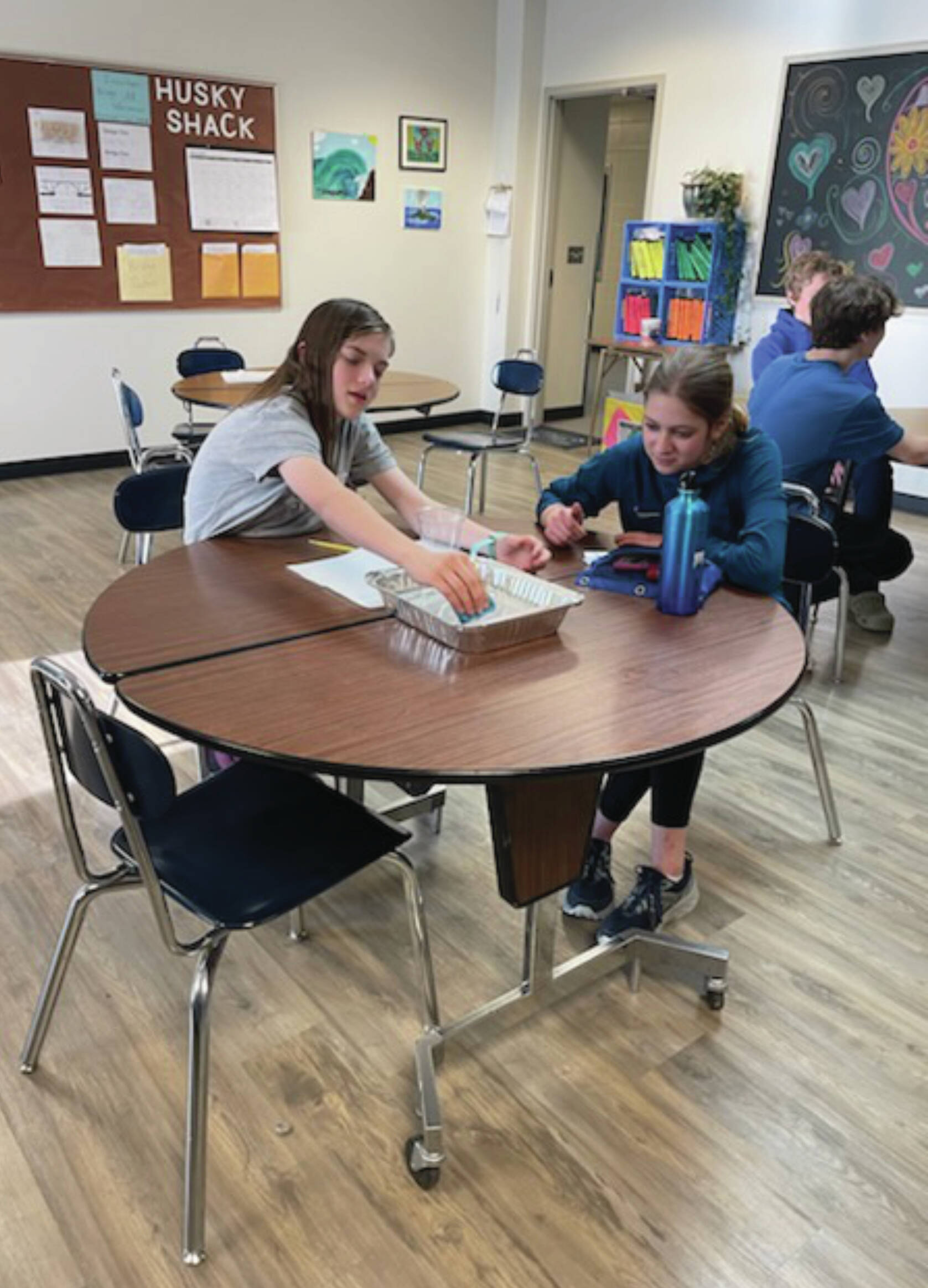 Homer Middle School students Abby Ostrom and Migra Kalafut conduct the oil spill in a pan experiment in Ms. Booz’s 8th grade science class on Feb. 22. Photo by Emilie Springer.