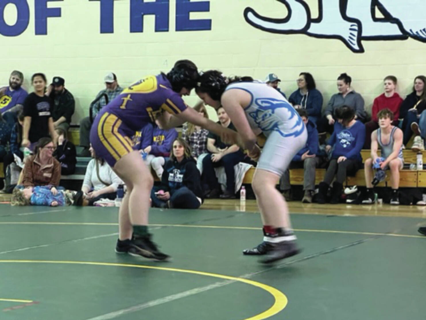 Photo provided by Tela Bacher
Homer Middle School’s Flora Fitzpatrick competes with a Kenai student at the borough wrestling tournament in Seward last weekend.