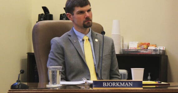 Sen. Jesse Bjorkman, R-Nikiski, listens to testimony during a Senate Community and Regional Affairs Committee hearing on Thursday, Feb. 22, 2024, in Juneau, Alaska. (Ashlyn O’Hara/Peninsula Clarion)