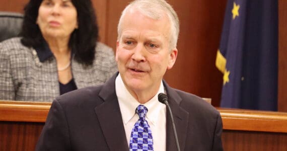U.S. Sen. Dan Sullivan addresses members of the Alaska Legislature in the House chambers on Wednesday, Feb. 21, 2024, in Juneau, Alaska. (Mark Sabbatini/Juneau Empire)