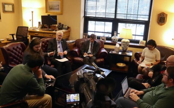Alaska senators meet with members of the media to discuss education legislation after a press conference by Gov. Mike Dunleavy on the topic on Tuesday, Feb. 27, 2024, in Juneau, Alaska. (Mark Sabbatini/Juneau Empire)