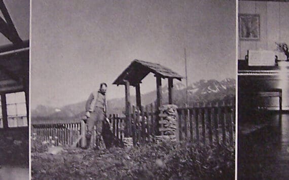 This trio of images appeared in the January 1942 edition of Alaska Life magazine, in an article entitled “The Mayor of Seward Builds a Dream House for $2,000!” To the left and right are interior views of the Benson home. The center photograph shows W.R. Benson and his dog near the front gate of his yard.