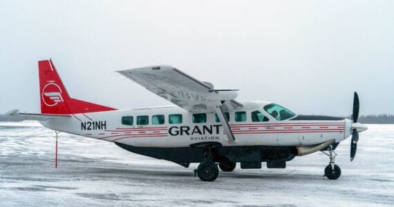 Grant Aviation’s new Cessna 208B EX Grand Caravan idles on the runway moments after arriving at the Kenai Municipal Airport in Kenai, Alaska, on Monday, March 4, 2024. (Jake Dye/Peninsula Clarion)