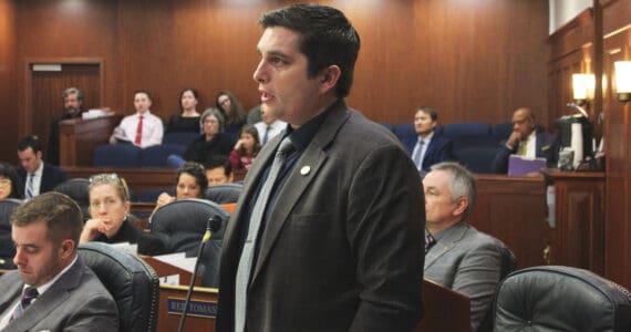 Rep. Justin Ruffridge, R-Soldotna, speaks in support of a bill increasing state funds for public education in the Alaska House of Representatives on Thursday, Feb. 22, 2024 in Juneau, Alaska. (Ashlyn O’Hara/Peninsula Clarion)