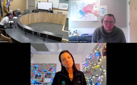 The Comprehensive Plan Steering Committee (top left) meets with Agnew::Beck consultants Shelly Wade (bottom) and Meg Friedenauer (top right) over Zoom on Monday, March 4, 2024 in Homer, Alaska. Screenshot.