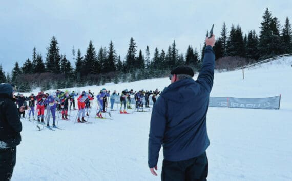 Deland Anderson starts the 2023 Kachemak Nordic Ski Club Marathon at Homer’s Lookout Trails. Photo provided by Megan Corazza