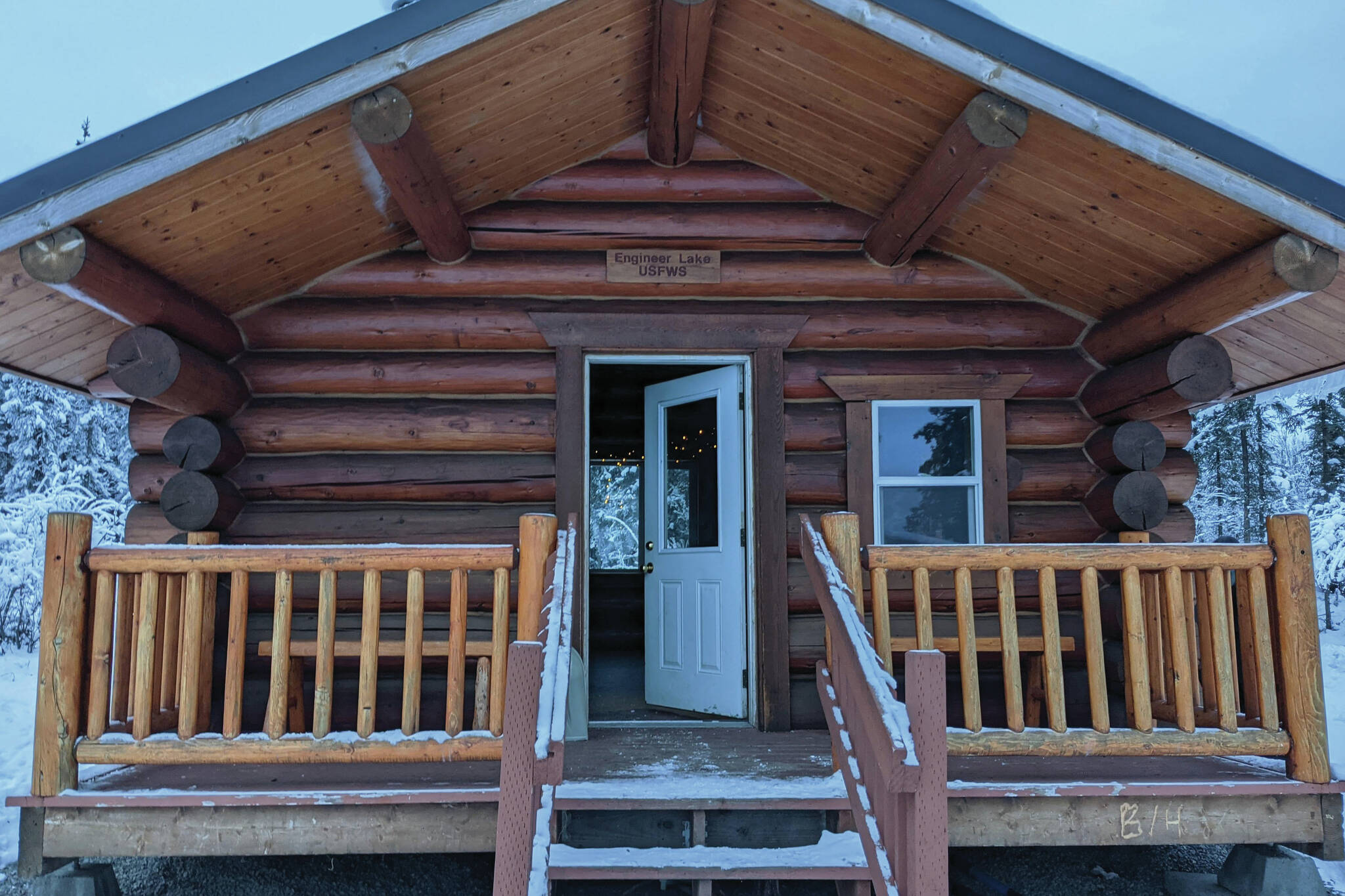 Engineer Lake Cabin can be seen in the Kenai National Wildlife Refuge on Nov. 21, 2021. (Photo by Erin Thompson/Peninsula Clarion)
