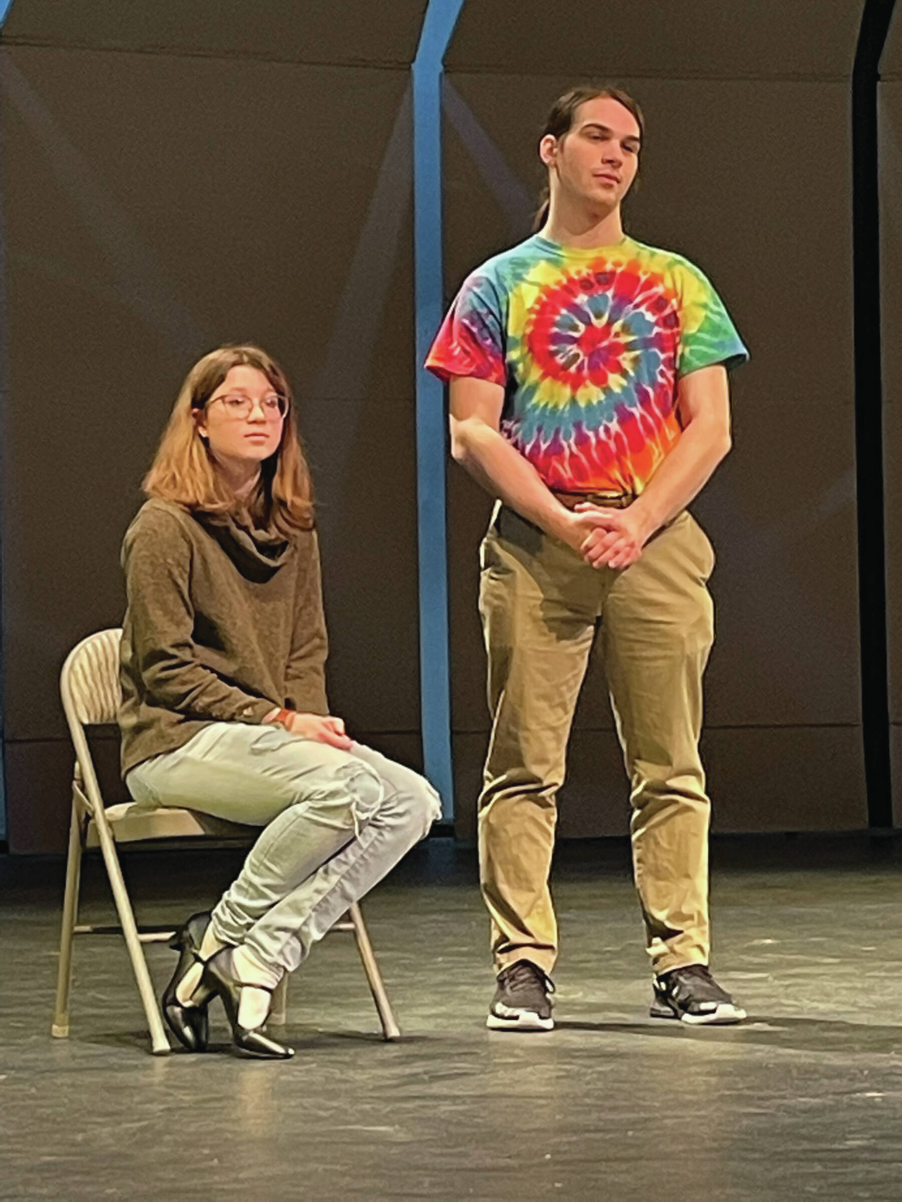 Kayla Kalafut performs as the understudy for Sarah Brown with Clark Milstead as Arvide Abernathy at a rehearsal at the Mariner Theater on March 6. Photo by Emilie Springer.