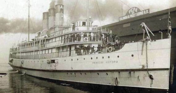Otto T. Frasch photo, copyright by David C. Chapman, “O.T. Frasch, Seattle” webpage
The Canadian steamship Princess Victoria collided with an American vessel, the S.S. Admiral Sampson, which sank quickly in Puget Sound in August 1914.