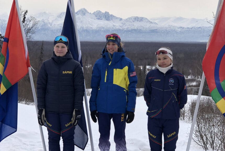 <p>Tania Boonstra, center, stands at the top of the podium for the 5 km Interval Start Classic 2006-2007 Female at the Arctic Winter Games. (Photo provided by Todd Boonstra)</p>