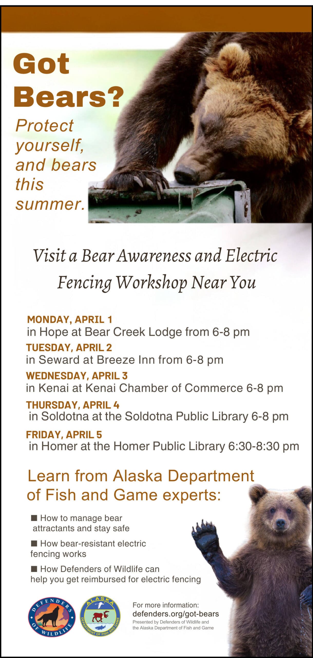 Flier for Bear Awareness and Electric Fencing Workshops. (Provided by Defenders of Wildlife)