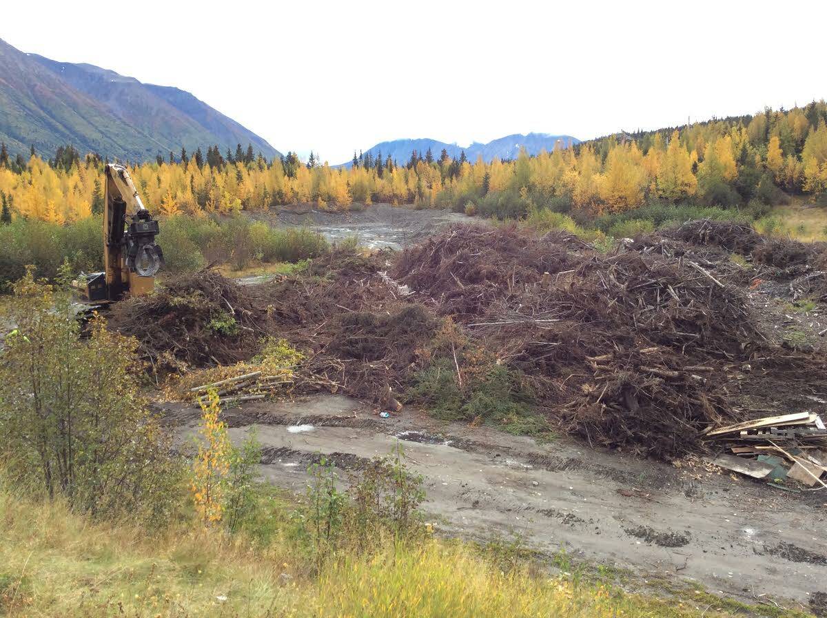 A slash pile containing non-organic construction debris is seen at the Snug Harbor Slash Disposal site on Sept. 22, 2020 in Cooper Landing, Alaska. (Photo courtesy Kenai Peninsula Borough Lang Management)