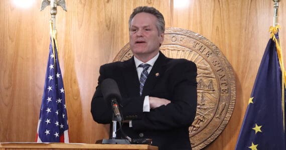 Gov. Mike Dunleavy discusses his veto of a wide-ranging education bill during a press conference on Friday, March 15, 2024 at the Alaska State Capitol. (Mark Sabbatini / Juneau Empire)