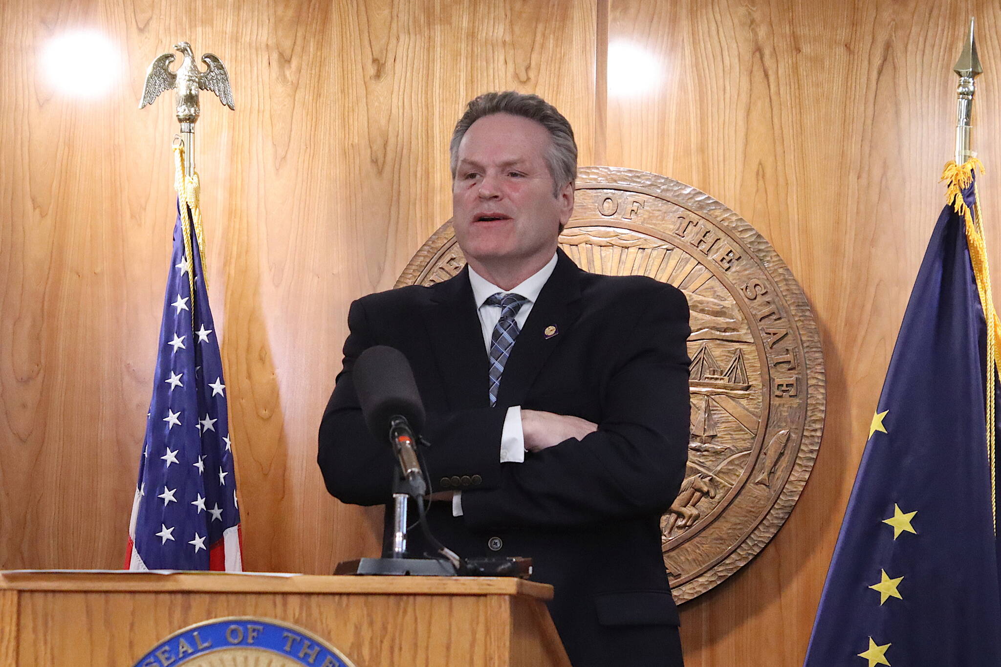 Gov. Mike Dunleavy discusses his veto of a wide-ranging education bill during a press conference on Friday, March 15, 2024 at the Alaska State Capitol. (Mark Sabbatini / Juneau Empire)