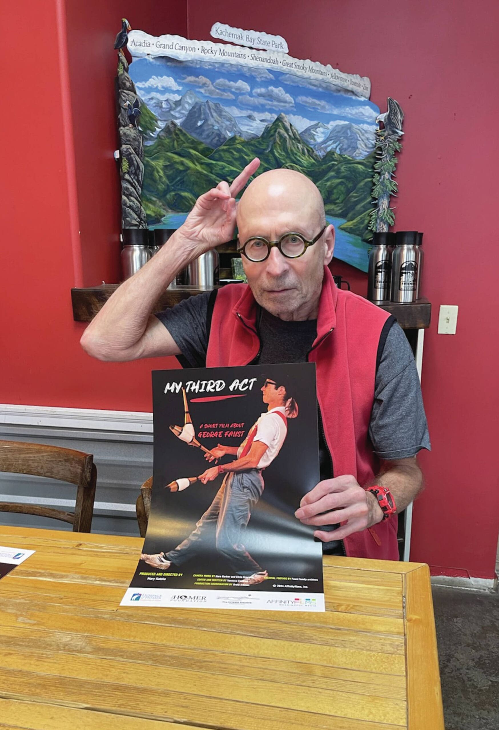 Photo by Emilie Springer
Former Alaska freelance entertainment artist George Faust and main character in the Affinity Films production of ‘My Third Act,’ joins the Homer News at Captain’s Coffee for interview about his history in Alaska entertainment last Friday.