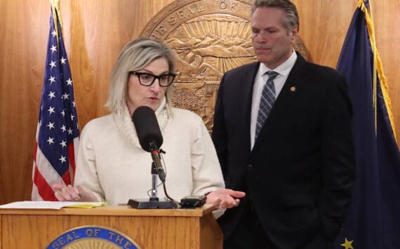 Alaska Department of Education and Early Development Commissioner Deena Bishop and Gov. Mike Dunleavy discuss his veto of an education bill during a press conference Friday, March 15, 2024, at the Alaska State Capitol. (Mark Sabbatini / Juneau Empire)