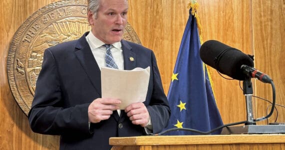 Becky Bohrer/AP file photo
Gov. Mike Dunleavy speaks to reporters during a news conference on topics including education on Feb. 7 in Juneau.