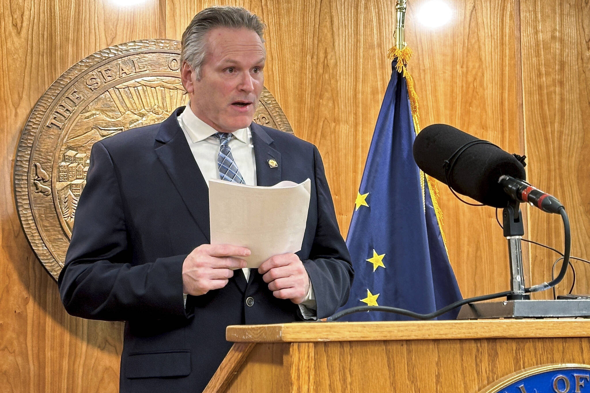 Gov. Mike Dunleavy speaks to reporters during a news conference on topics including education on Feb. 7 in Juneau. (Becky Bohrer/AP file photo)