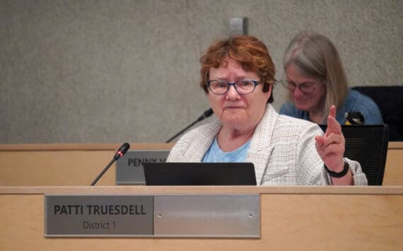School board member Patti Truesdell speaks during a meeting of the Kenai Peninsula Borough School District School Board in Soldotna, Alaska, on Monday, April 1, 2024. (Jake Dye/Peninsula Clarion)