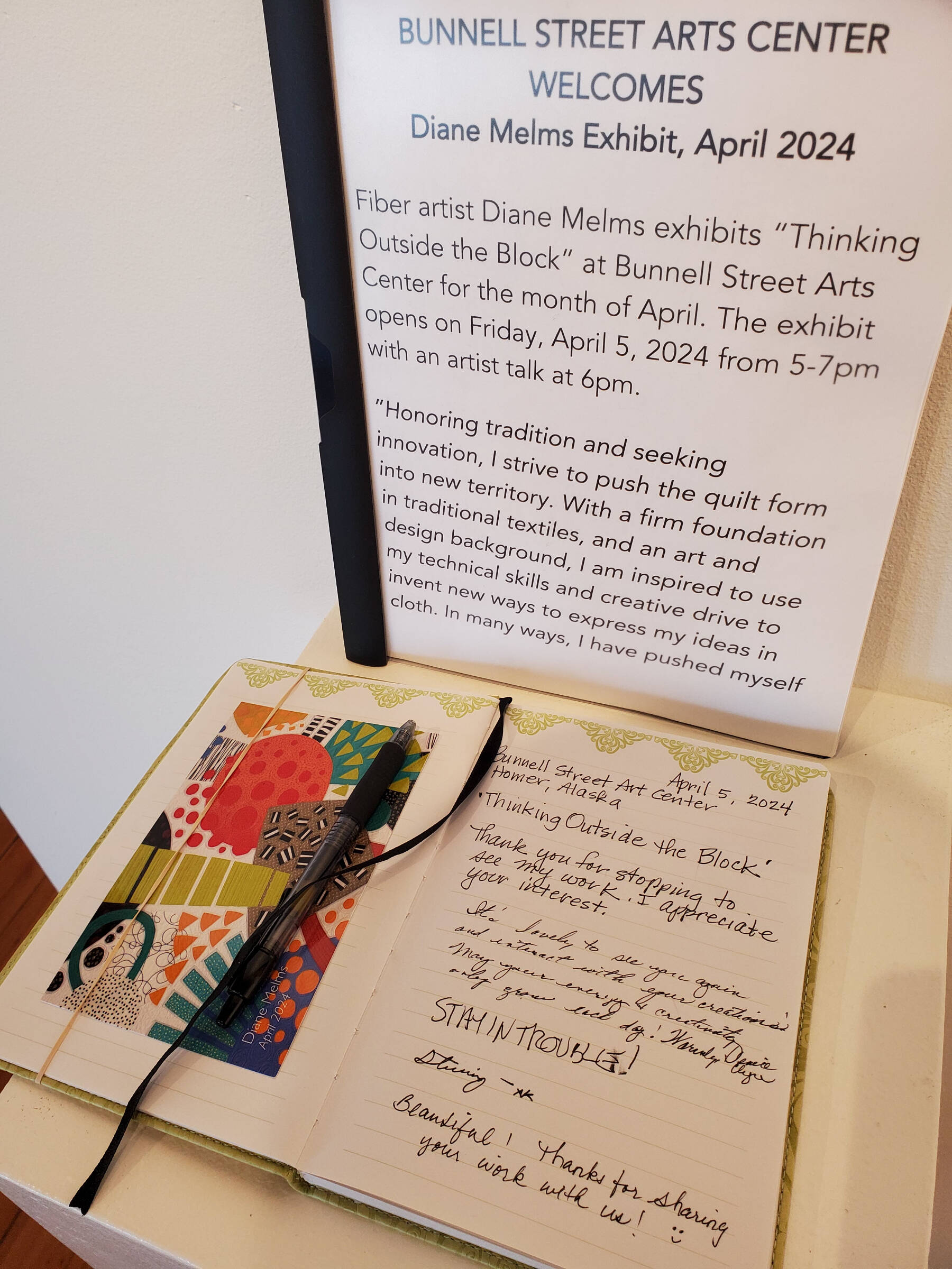 Community members leave notes, photographed on Saturday, April 6, 2024, for fiber artist Diane Melms during her ongoing exhibit, “Thinking Outside the Block,” at Bunnell Street Arts Center in Homer, Alaska. (Delcenia Cosman/Homer News)
