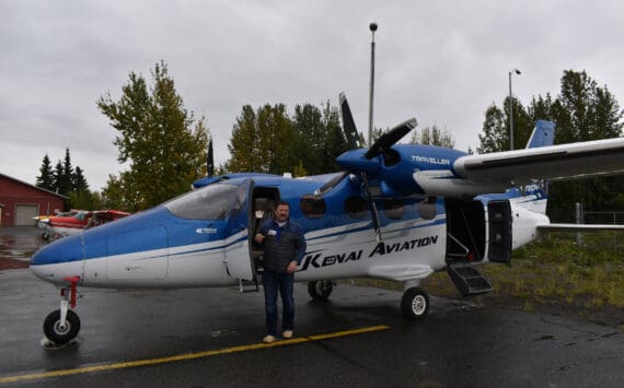 Joel Caldwell shows off the new Tecnam Traveller on Thursday, Sept. 15, 2022, in Kenai, Alaska. Kenai Aviation has since added two more Tecnam Travellers to its fleet. (Jake Dye/Peninsula Clarion)
