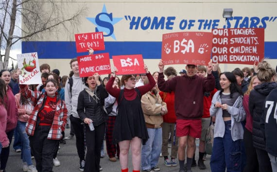 Jake Dye/Peninsula Clarion
Students of Soldotna High School stage a walkout in protest of the veto of Senate Bill 140 in front of their school in Soldotna, Alaska, on Wednesday, April 17, 2024.