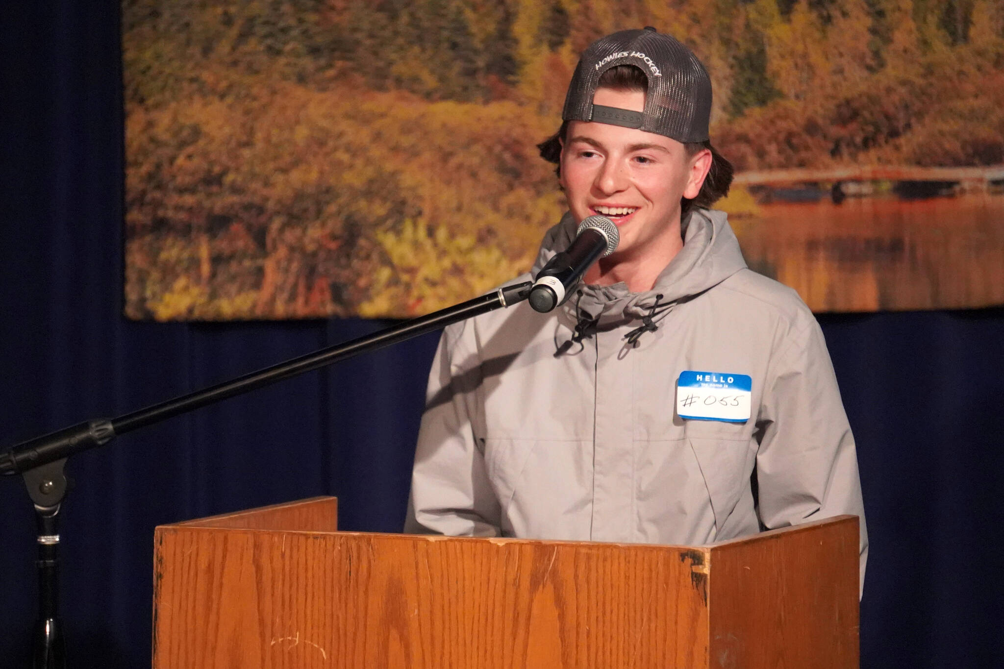 Jake Dye/Peninsula Clarion
Rylan Broyles presents his idea for recycling plastic beach debris into fishing equipment to a panel of judges in the 34th Annual Caring for the Kenai Competition at Kenai Central High School in Kenai, Alaska, on Thursday, April 18, 2024.
