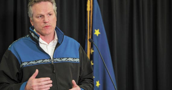 Gov. Mike Dunleavy speaks during a Friday, May 1, 2020 press conference in the Atwood Building in Anchorage, Alaska. (Photo courtesy Office of the Governor)