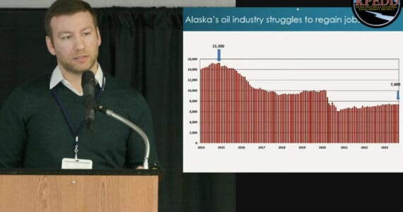 Economist Sam Tappen shares insights about job and economic trends in Alaska and on the Kenai Peninsula during the Kenai Peninsula Economic Development District’s Industry Outlook Forum at Soldotna Regional Sports Complex in Soldotna, Alaska, on Thursday, April 25, 2024. (screenshot)