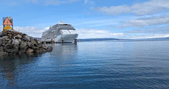 Homer’s first cruise ship of the season, the Regent Seven Seas Explorer, carrying more than 600 passengers plus 500 crew members, is docked at Homer Harbor on Wednesday, April 24, 2024, in Homer, Alaska. (Photo by Erin Thompson/Peninsula Clarion)