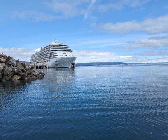 Homer’s first cruise ship of the season, the Regent Seven Seas Explorer, carrying more than 600 passengers plus 500 crew members, is docked at Homer Harbor on Wednesday, April 24, 2024, in Homer, Alaska. (Photo by Erin Thompson/Peninsula Clarion)
