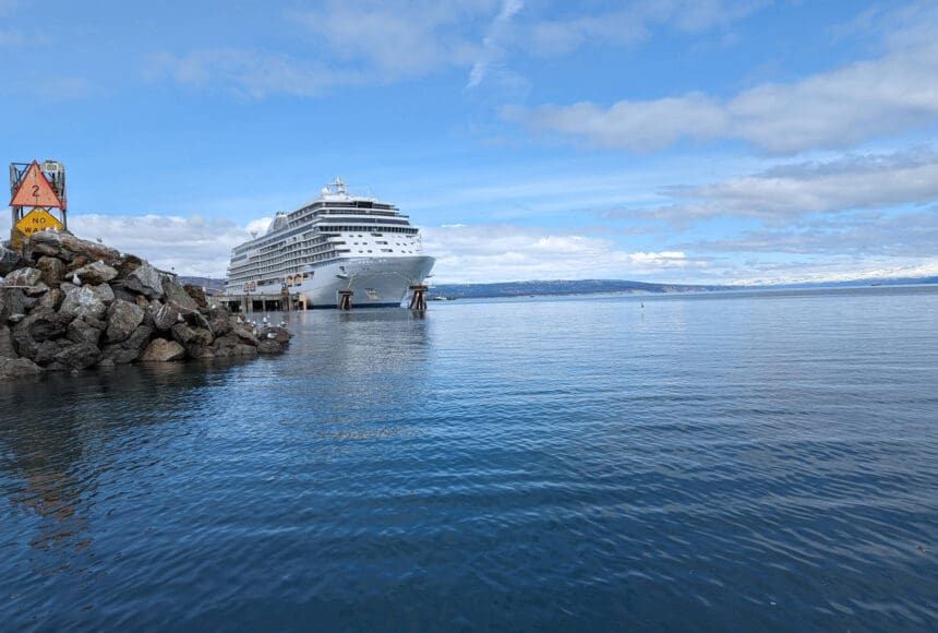 <p>Homer’s first cruise ship of the season, the Regent Seven Seas Explorer, carrying more than 600 passengers plus 500 crew members, is docked at Homer Harbor on Wednesday, April 24, 2024, in Homer, Alaska. (Photo by Erin Thompson/Peninsula Clarion)</p>