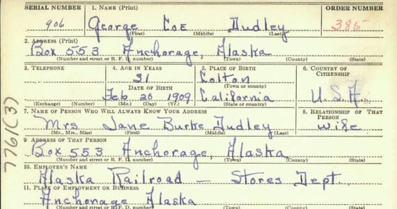 The front of George Coe Dudley’s 1941 draft-registration card bears his signature and shows him as a resident of Anchorage. By the 1950s, he was living on the Kenai Peninsula.